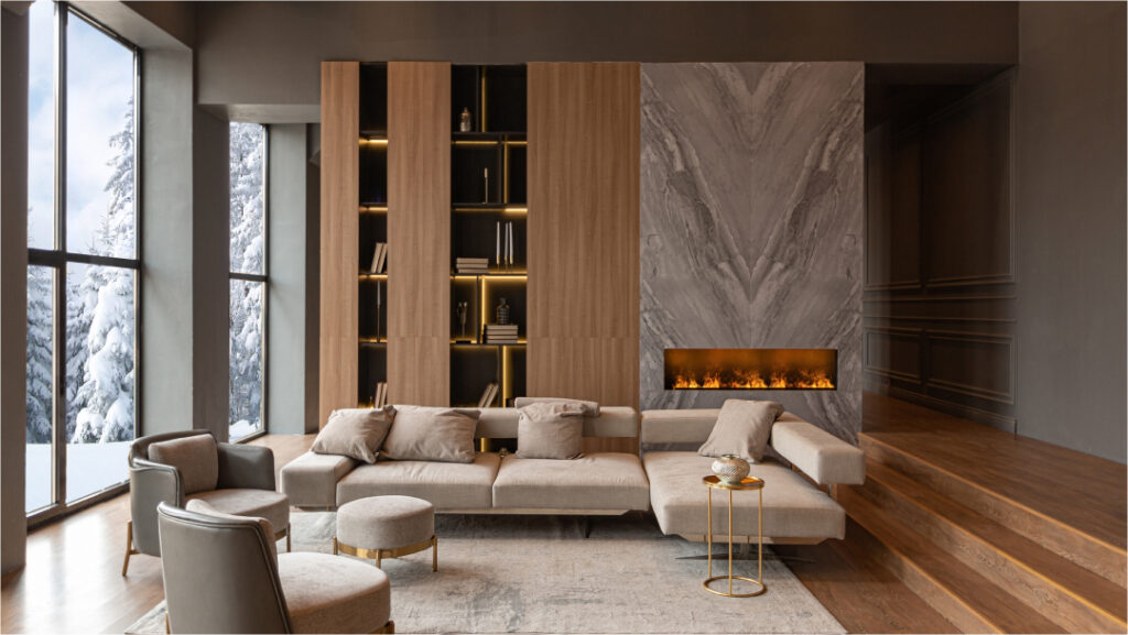 Un salon moderne avec une cheminée et un canapé.