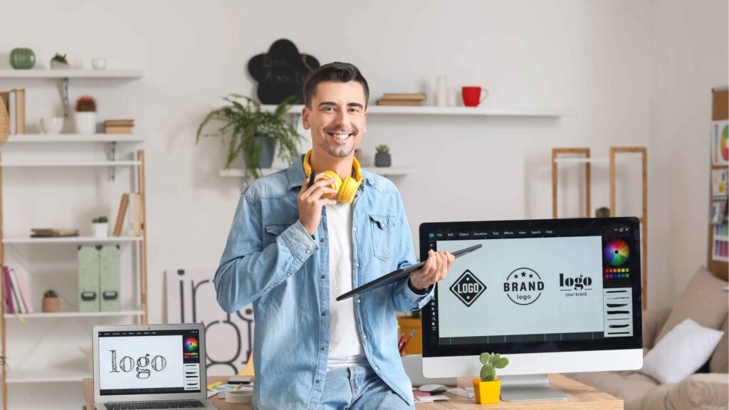 Un homme tient un crayon jaune et sourit en tenant un écran d'ordinateur