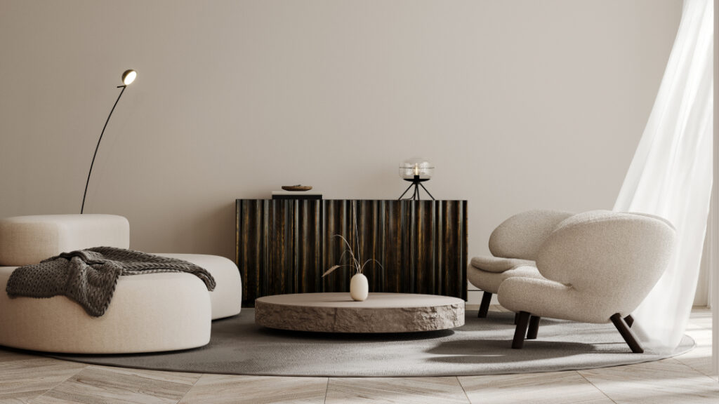 Un salon avec une table ronde et des chaises.