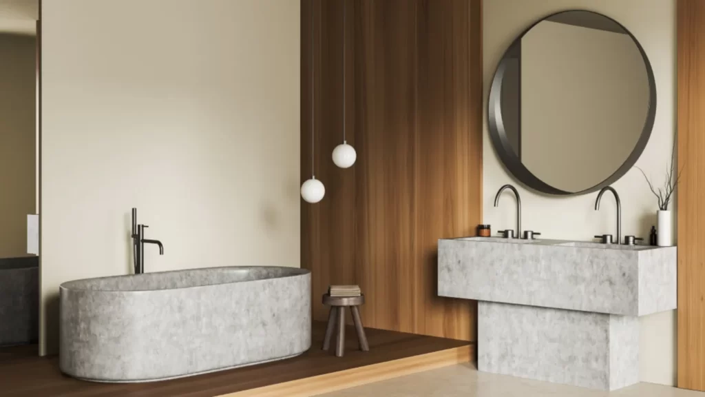 Une salle de bain moderne avec un grand miroir rond et un lavabo.