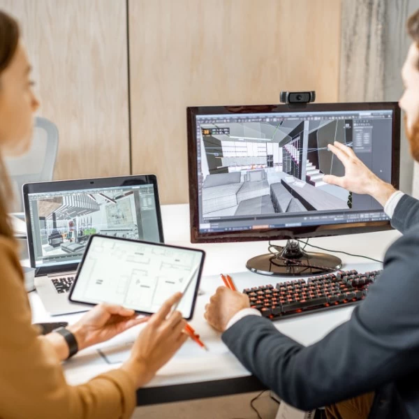 Two people viewing a render of a construction