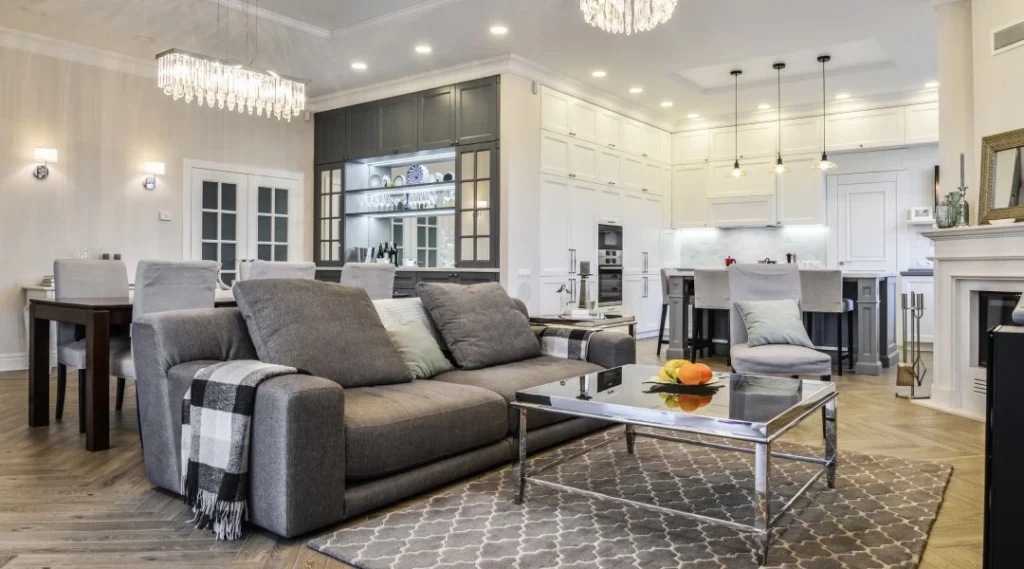 A view of a living room in a well lit house