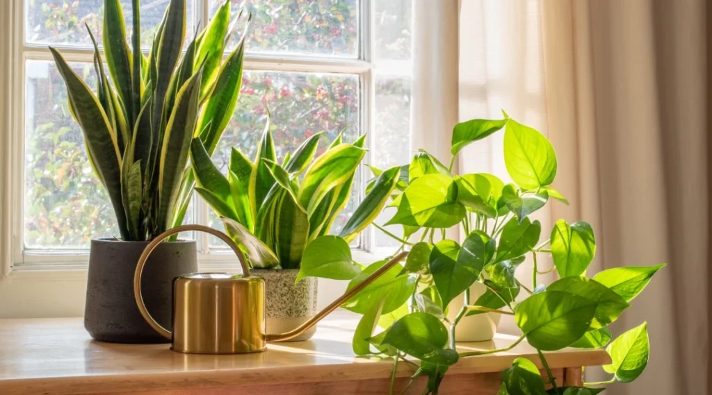 Plants and a watering can on a table