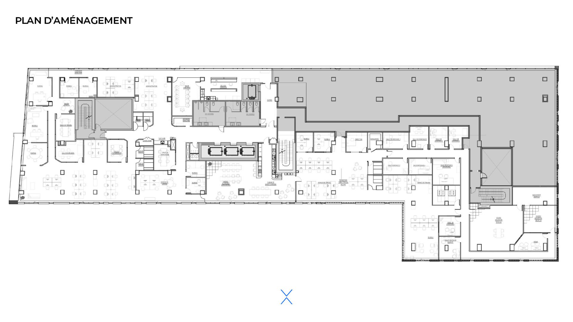 Design intérieur et aménagement des bureaux et studios d’enregistrement du groupe KO à Longueuil. Image du plan d'aménagement détaillé des bureaux.