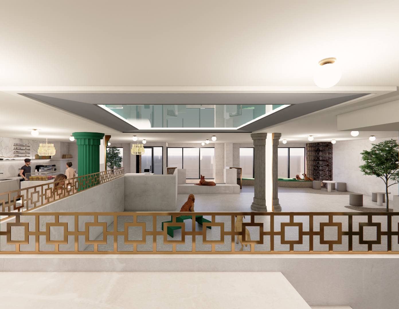 Design intérieur d’un café canin à Griffintown, vue sur l'atrium et aire de jeux pour plus gros chiens