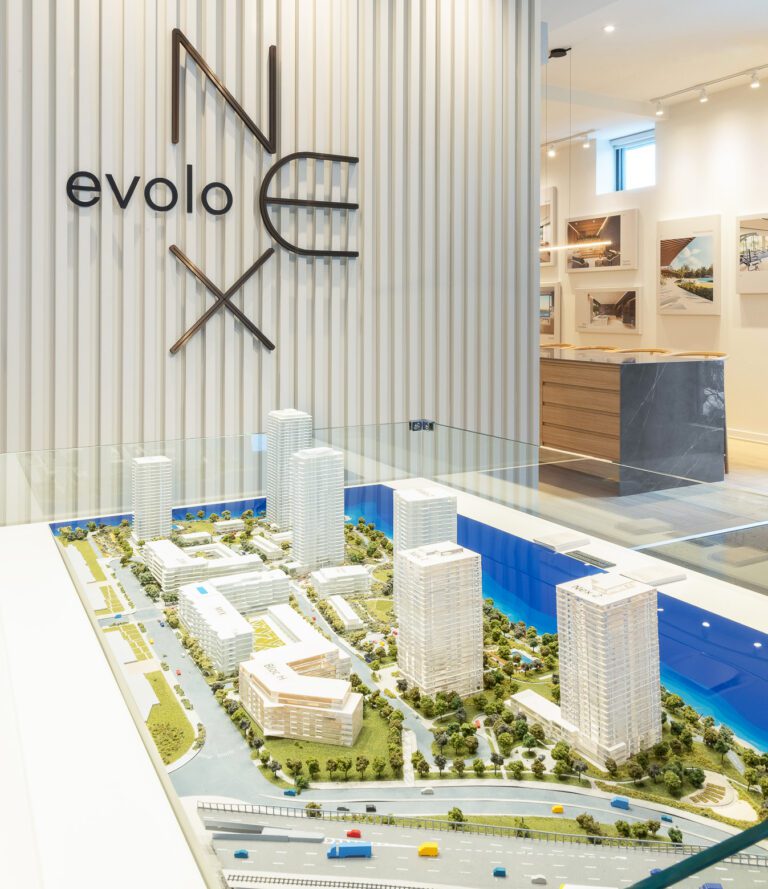 Vue de la maquette du projet de condos Evolo Nex à l'île des Soeurs dont le design intérieur est signé par la firme de design d'intérieur Clairoux.